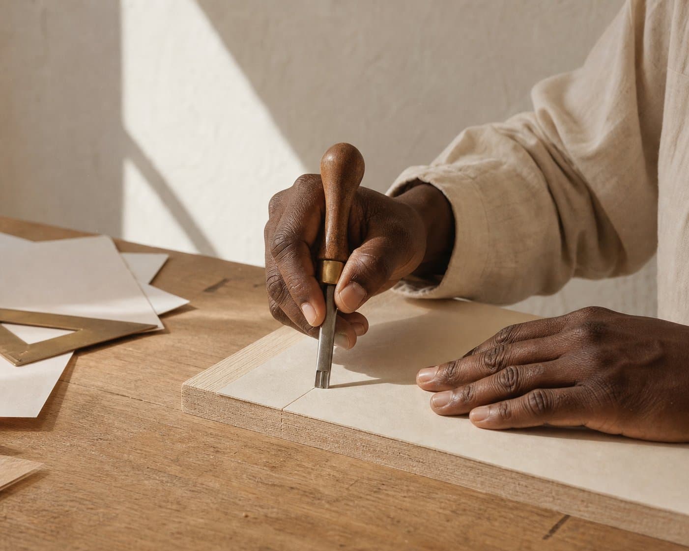 A pair of dark-skinned hands holding a chisel at an oak bench in window light