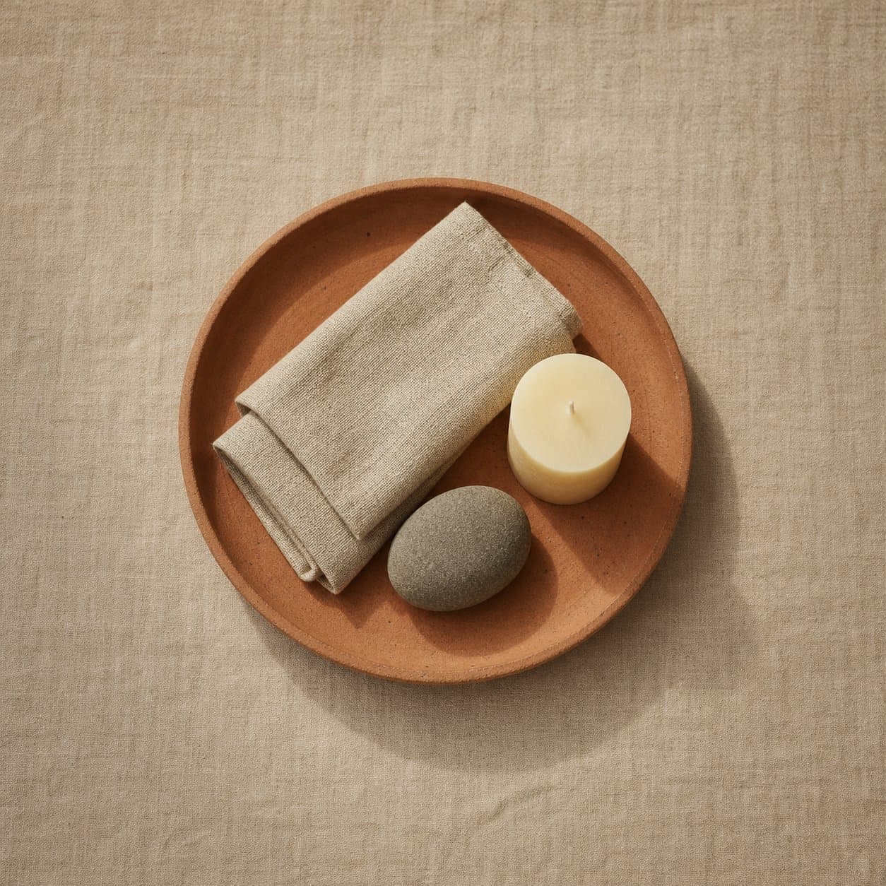 A terracotta dish with folded linen, a river stone and a beeswax candle, centred on sand-beige linen