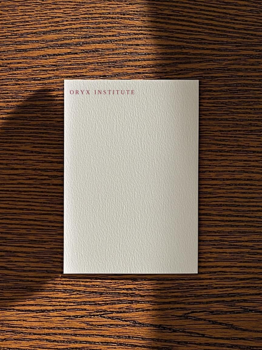 The letterhead: cream sheet on dark walnut, the lockup set top left