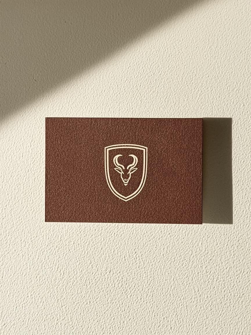 The business card reverse: maroon stock on cream, the shield centred