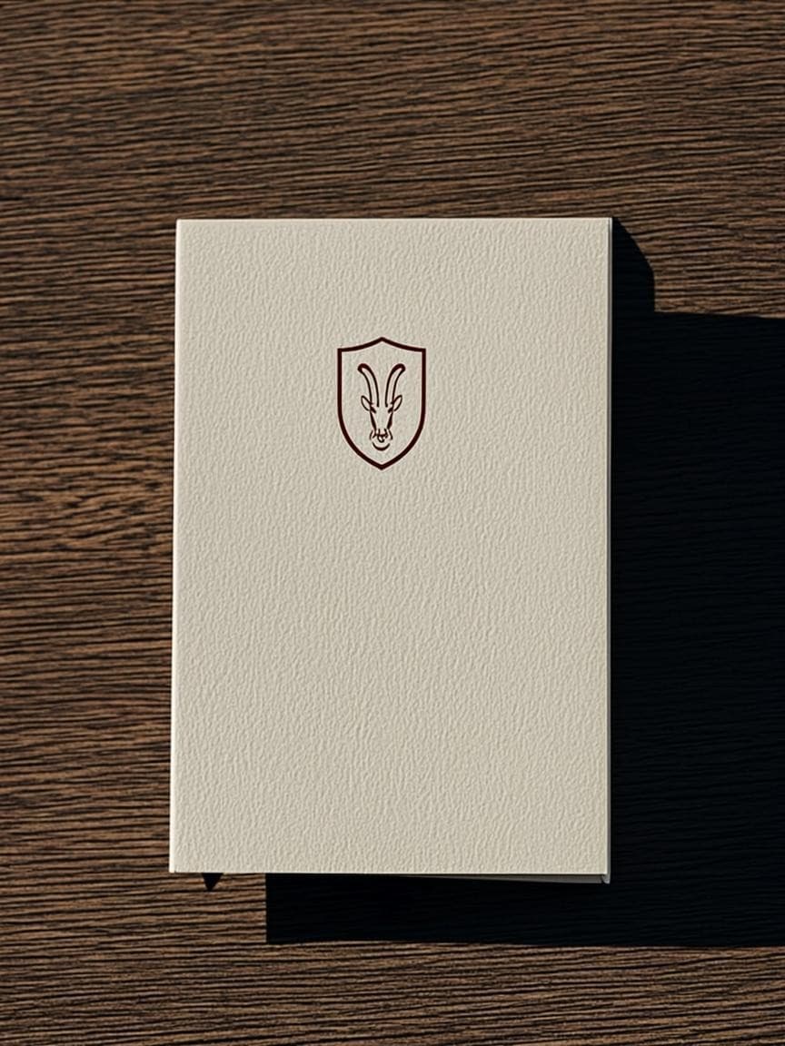 The folded notecard: cream stock on dark walnut, the shield centred high