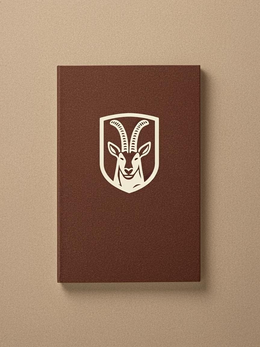 The presentation folder: maroon stock on cream, the shield centred